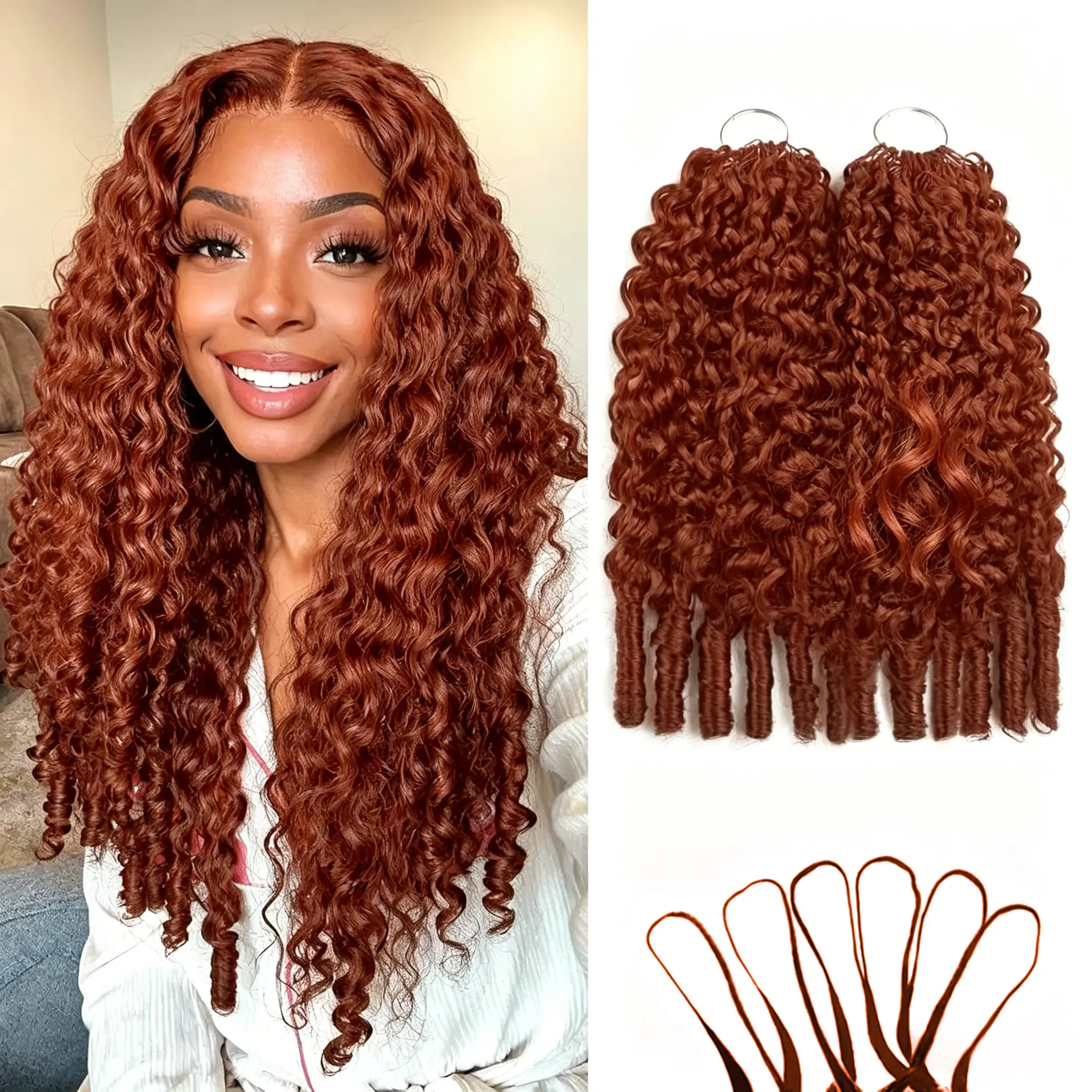 [New In] MYLOCKME Hair #33 Reddish Brown Color Burmese Curly Miracle Knots Crochet Human Hair Extension Kinky Curly Feathered Human Crochet Hair Bundles For Black Women