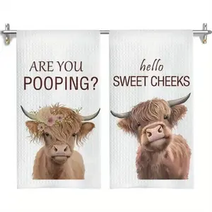 2-Pack Fun Highland Cow Kitchen Towels, Humorous Design Waffle Dish Cloths, Soft Absorbent Hanging Hand Towels, Vintage Farm Home Decor, Unique Moving Gift