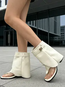 Women's Square Heel Toe Thong Boots High-Top Open-Toe Booties Fashion Unique Summer Shoes, PU Material, Mid-Calf Height, All Seasons