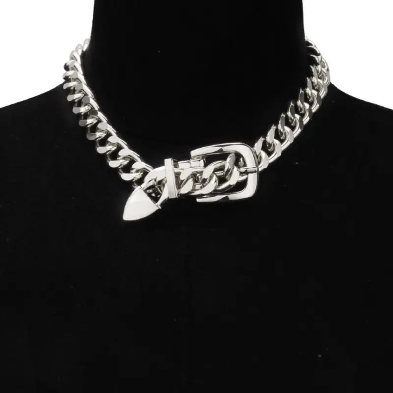 Personalized Thick Chain Belt Buckle Lockbone Necklace, Statement Necklace, Hip Hop Trendy Metal Geometric Jewelry, Unisex Fashion Accessory, Chunky Necklace, Alloy Necklace