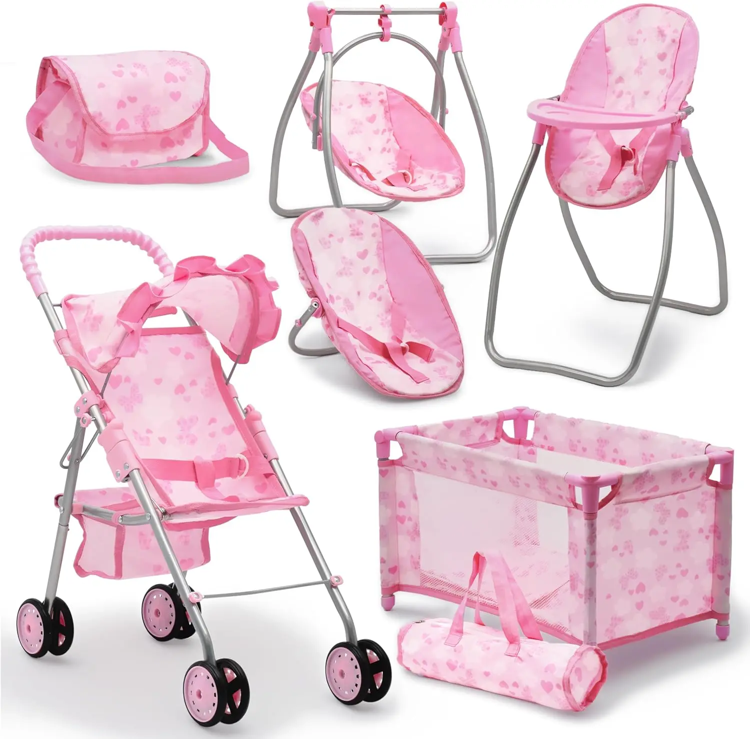 Baby Doll Stroller Bed and Swing Nursery Playset – Deluxe Baby Doll Accessories Furniture Set with Convertible High Chair, Swing, Crib, Diaper Bag & Stroller – Pink Butterfly Pretend Play Set for Girls Ages 3+
