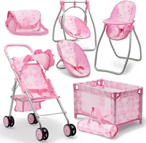 Baby Doll Stroller Bed and Swing Nursery Playset – Deluxe Baby Doll Accessories Furniture Set with Convertible High Chair, Swing, Crib, Diaper Bag & Stroller – Pink Butterfly Pretend Play Set for Girls Ages 3+