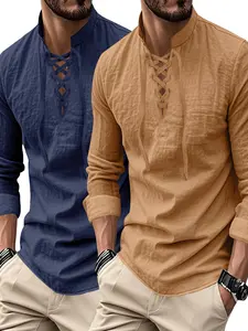 Men's Summer Linen Stand Collar Long Sleeve Shirt, Regular Fit, Rope Design, Commuter Daily Wear, Fashionable Men's Clothing