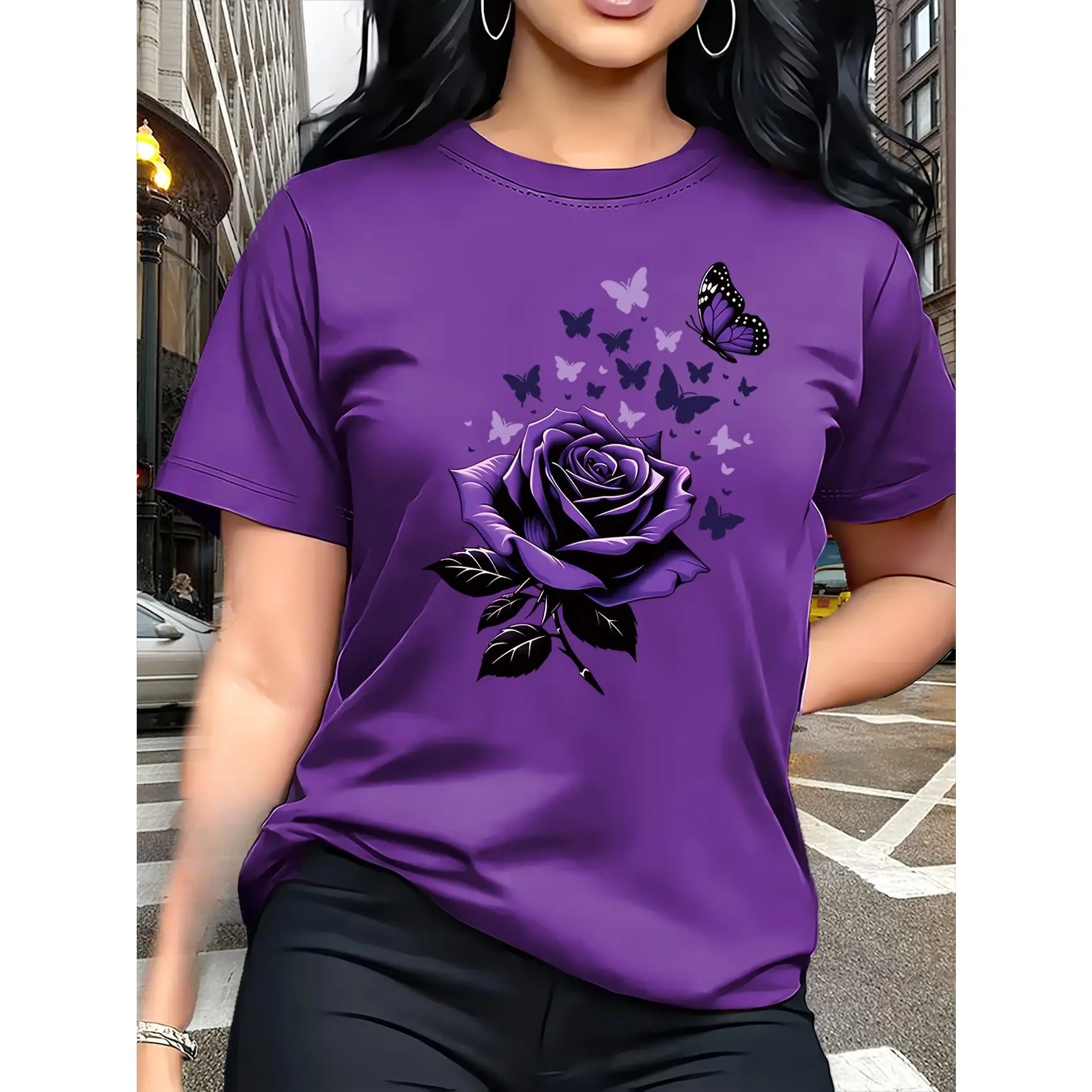 Women's Butterfly Rose Graphic Cotton T-Shirt - Casual Short-Sleeve, Comfortable Breathable Oversized Crew Neck Lady Top, Spring Summer Fashion Outfit, Valentine's Day Gift