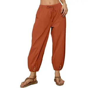 Larmliss Summer Women Capri Pants Casual Drawstring Elastic High Waist Baggy Wide Leg Cropped Pants Trousers for Ladies