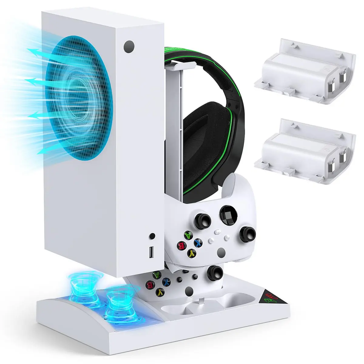 MENEEA Compact Vertical Stand for Xbox Series S - Dual Charger with Cooling Fan, 2x1400mAh Rechargeable Batteries, Battery Covers, Earphone Bracket, Anti-Slip Metal Base, USB Port (Fits Console, Smartphone), LED Light, Green Light Means Full Charge, Anti-