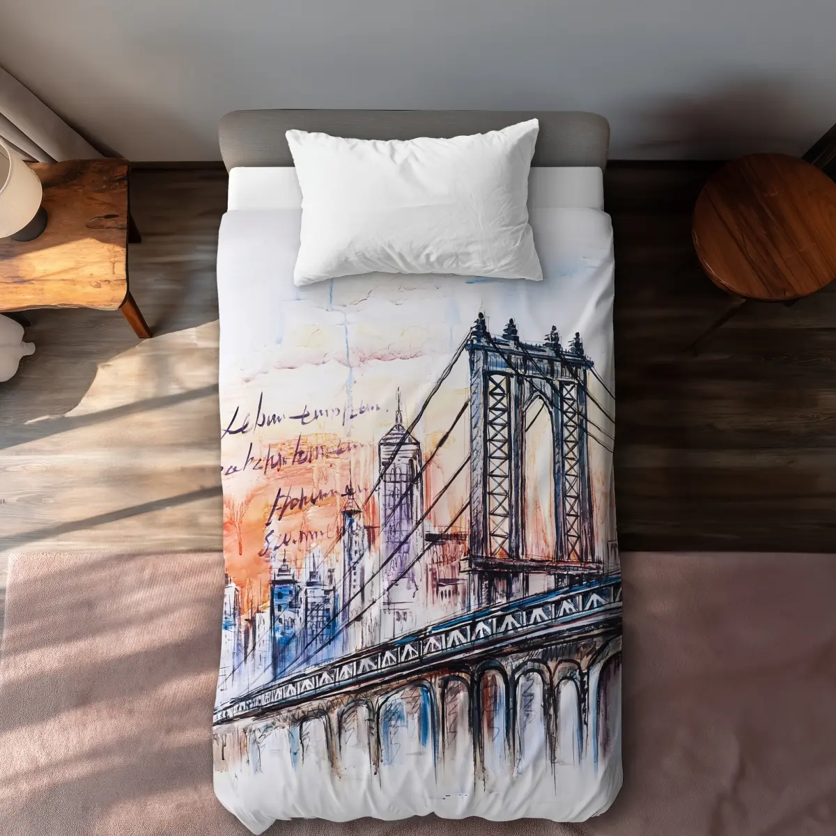 Begin Home Decor C1DCTSW07XGKMS Modern Microfibre Bridge Sketch Blue Twin Size (Single) Full Art Duvet Cover, Machine Washable Illustrative Bedding, Full Art Duvet Covers, Soft