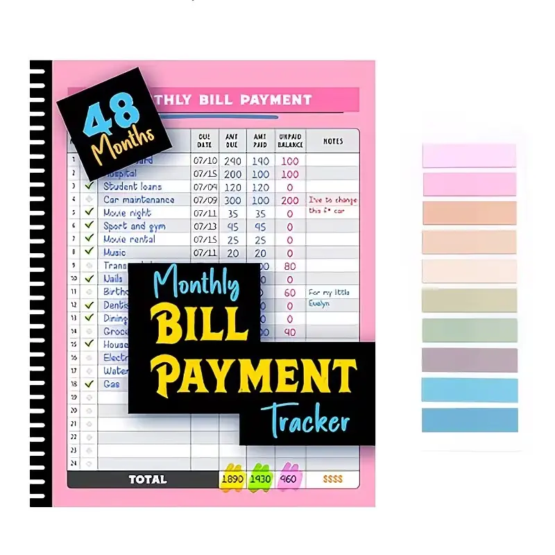 48-month bill payment and budget tracking notebook - monthly financial organizer, household expenditure list, overview, in English, paper-based materials