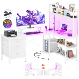 Aheaplus L Shaped Desk with Hutch, Gaming Desk with Led Lights, Reversible Computer Desk with Power Outlet, Corner Desk with File Drawer & Monitor Stand, Storage Shelves for Home Office