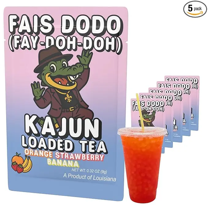 KaJun Loaded Tea Fais Do-Do Orange Strawberry Banana Tea Powder, Sugar Free Drink Mix with Green Tea & Guarana, 250mg Caffeine, Zero Calories, Keto Friendly, 5 Single Serve Packets