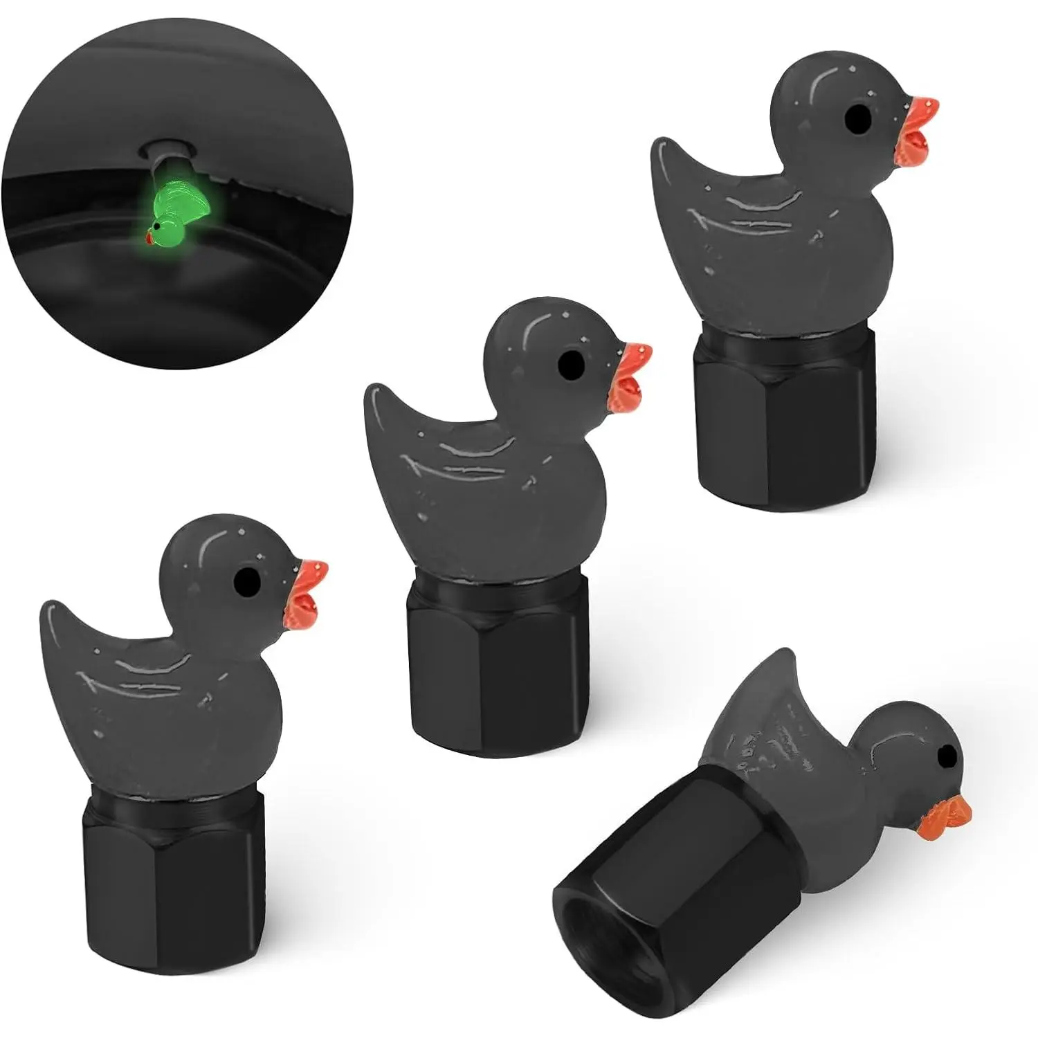 Tire Valve Stem Cap - 4pcs Night-Glow Cute Duckling Auto Accessories, Titanium Alloy Aftermarket Valve Caps, Tool-Free Hand Twist, Universal for Cars, Motorcycles