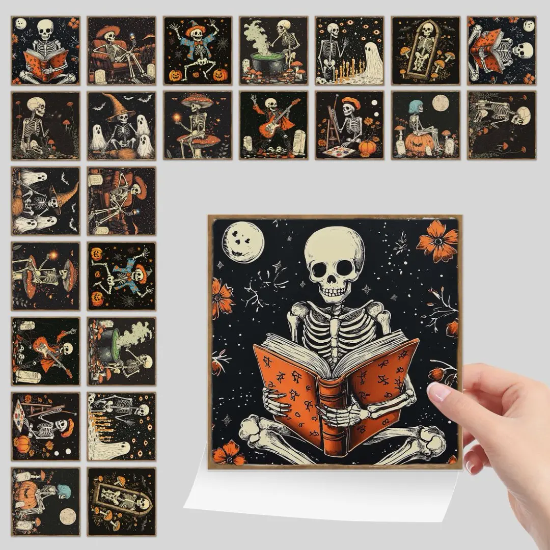 24 Pcs Skull Stickers Halloween Wall Decals Self-Adhesive Home Decor Tile Stickers Vinyl 3D Realistic Effect Holiday Gift Party Decoration