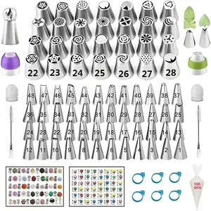 Russian Piping Tips Set, 193 count with 28 Numbered Russian Tips, 48 Numbered Icing Tips, 1 Ball Tip, 2 Leaf Tips,  Chart, 4 Couplers, 100 Pastry Bags &  for Cake Cupcake Decorating