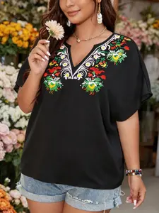 Plus Size Floral Print Blouse, Loose Batwing Sleeve Design, Vintage Ethnic Embroidery, Slimming Fit, Casual Holiday Style