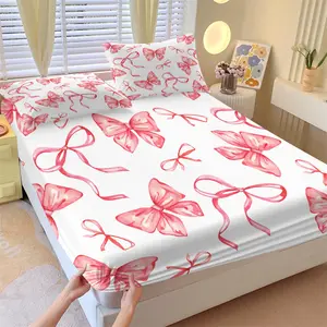 3pcs Whimsical Pink Bow Fitted Sheet Set, Delightful Watercolor Ribbon Design on Soft White Background, Perfect for Playful and Festive Bedroom Decor, Ideal Gift for Sweet Dreams!, Lncludes 1 Fitted Sheet, with 2 Coreless Pillowcases, Bedsheet Sets