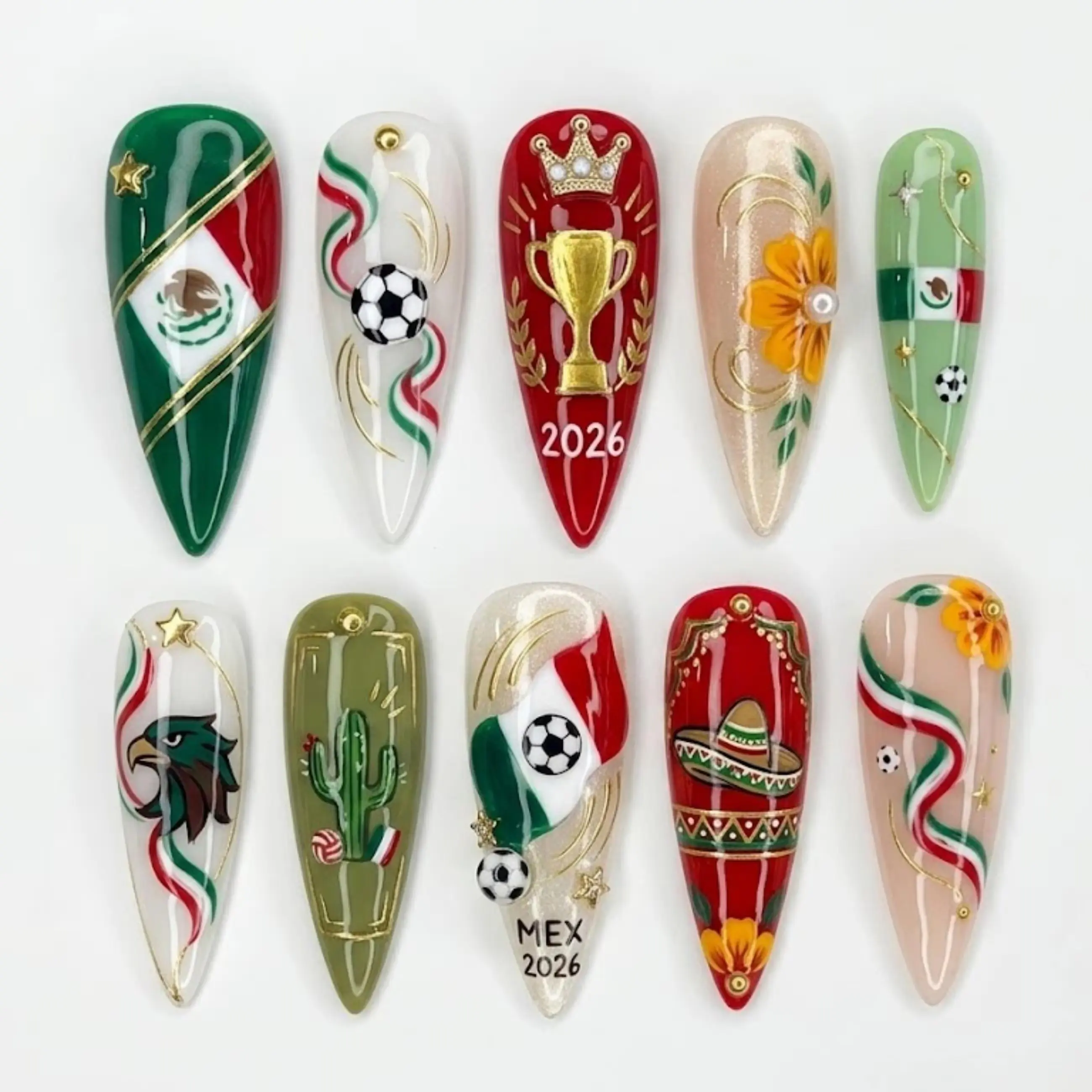 Handmade Mexico 2026 Press On Nails | Mexican Flag, Soccer Ball, Trophy, Cactus & Sombrero Design | Game Day Nail Set