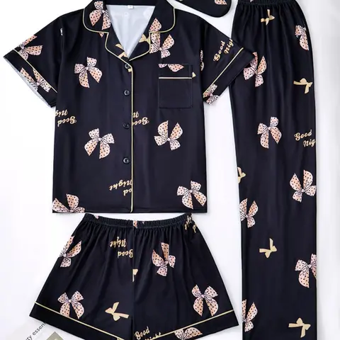 Women's Bow Print Top and Shorts Set, Comfortable Sleepwear, All Seasons Loungewear, Casual Loungewear, Pajama Set, 2026 Fashion Collection, Pjs, Homewear, Printed Pajama Set