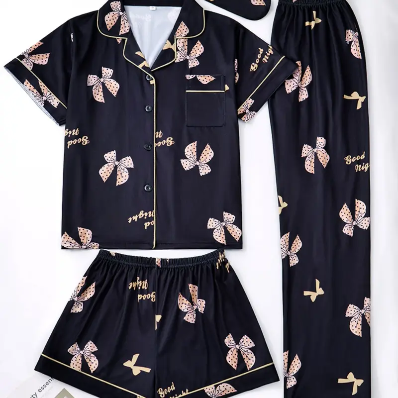 Women's Bow Print Top and Shorts Set, Comfortable Sleepwear, All Seasons Loungewear, Casual Loungewear, Pajama Set, 2026 Fashion Collection, Pjs, Homewear, Printed Pajama Set
