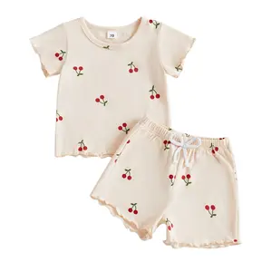 Kids Newborn Infant Baby Girl Summer Outfits Cherry Print Ruffle Short Sleeve T-shirts Tops Bloomers Shorts Set 2Pcs Toddler Summer Clothes