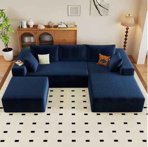 96-Inch Corduroy Cloud Couch - U-Shaped Modular Customizable Sectional with Chaise Seat, Matching Ottoman, Deep-Seat Cushions, Clean Luxury Comfy Sofa, Assembly Required, Modern Indoor Living Room Furniture for Family Movie Nights