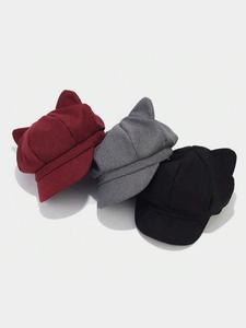 cute cat ear design beanie hat, casual trendy retro beret hat for women & men, fashionable black hat for daily wear for all season