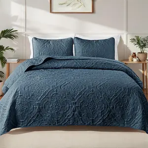 King Size Bedspread with 2 Pillow Shams, Lightweight Navy Blue King Bedding Set with Vintage Damask Pattern, Soft Bedspreads Coverlets for All