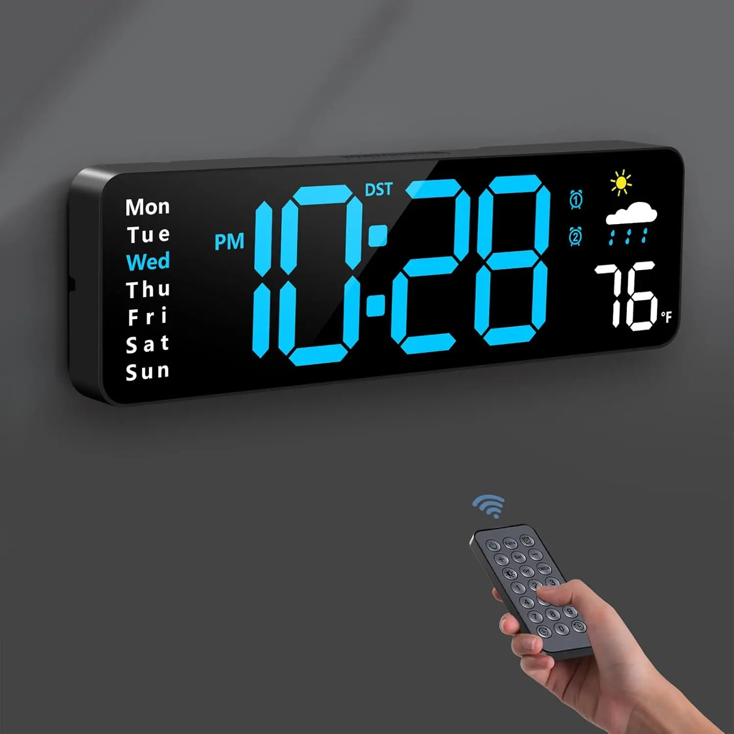 Creative Digital Wall Clock with Large LED Display, Remote Control, Temperature & Humidity Monitoring, Auto DST Alarm, Modern Minimalist Room Decor (Blue), Creative Digital Clock