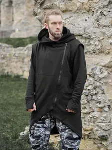 Men's Dark Asymmetrical Zip Hoodie – Urban Ninja Streetwear, Longline Oversized Hooded Jacket for Techwear & Gothic Looks