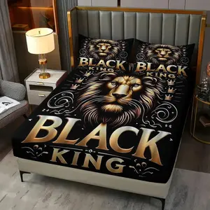 Luxurious Gold Lion and Crown Print Fitted Sheet Set, Includes 2 Pillowcases, Durable Non-Slip Mattress Protector, Black King Minimalist Wild Style, Luxury Decor for Men's Bedroom