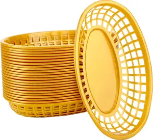 Plastic Food Baskets 24 Pack Gold Oval Reusable for Burger Fries Sandwiches Bread Rolls Fruit Bakery Family Party Serving Storage Display Decor