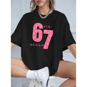 Women's Cotton T-Shirt with 67 Star Print Casual Loose Short Sleeve Summer Top Cute Graphic Tees for Daily Wear Comfortable and Stylish Basic Blouse walk by faith tee Horror Movie Sweatshirt Sweeart Crew Neck T-Shirts Spooky Vibes Pink Themed Vintag of Da
