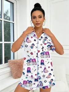Women's Cartoon Character All-Over Printed Sleepwear, Premium Fabric Short Sleeve & Shorts Set, Casual Loose Fit Homeewear