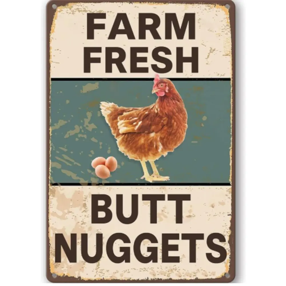 Vintage Metal Chicken Coop Sign - 8*12 in Farm Tin Plaque for Farmyard, Home Kitchen Outdoor Decor, Fresh Butt Nuggets