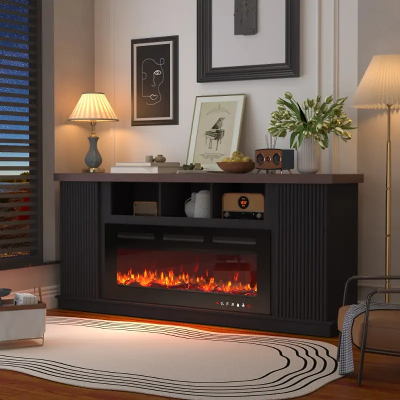 Modern 70" Double Door Fireplace Cabinet, 70" TV Stand with Fireplace, Perfect for Living Room, Bedroom and Entertainment Center, Dark Walnut Color