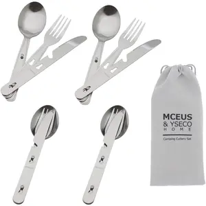 4-in-1 Camping Utensils Hiking Cutlery Set for 4 Portable Stainless Steel Flatware Spoon Fork Knife & Bottle Opener Combo Pack for Picnic Travel Barbecue Backpack Outdoor Gear with Carrying Bag