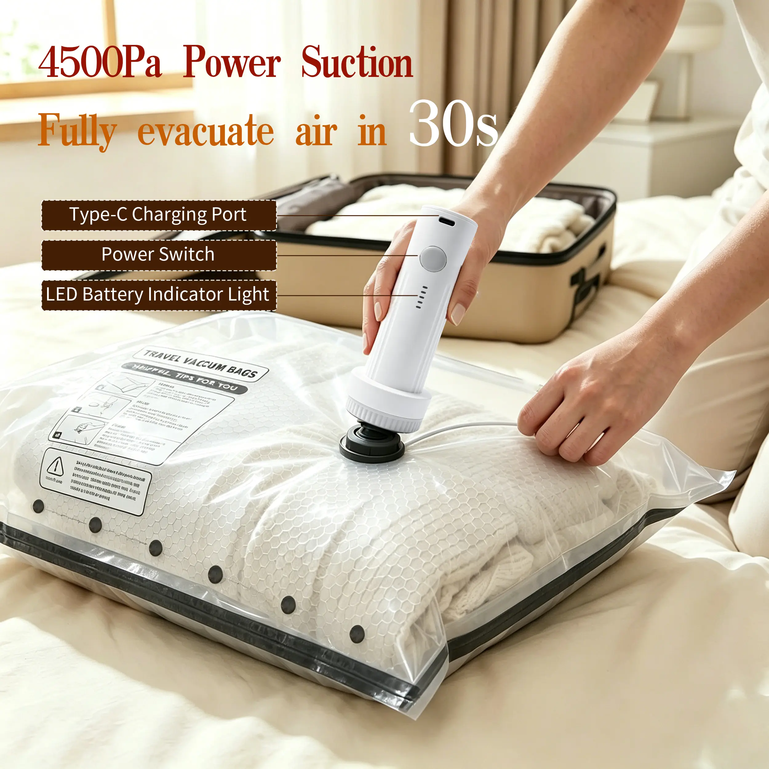 12Pack Travel & Clothing Vacuum Bag | 30s Quick Deflate, 80% Space Saved, Rechargeable Electric Vacuum, 30s Fast Pump for Winter Clothes, Quilt, Duvet, Down Jacket & Travel, Space Saving Compress Bags, Lightweight Storage Organizer
