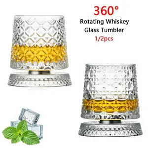 360° Rotating Whiskey Glass Tumbler, Old Fashioned Crystal Wine Drinking Glassware, Premium Drinking Glasses with Decoupled Base, Spinning Cocktail Glass Cups with Stress Relief Function, Gifts for Father Husband