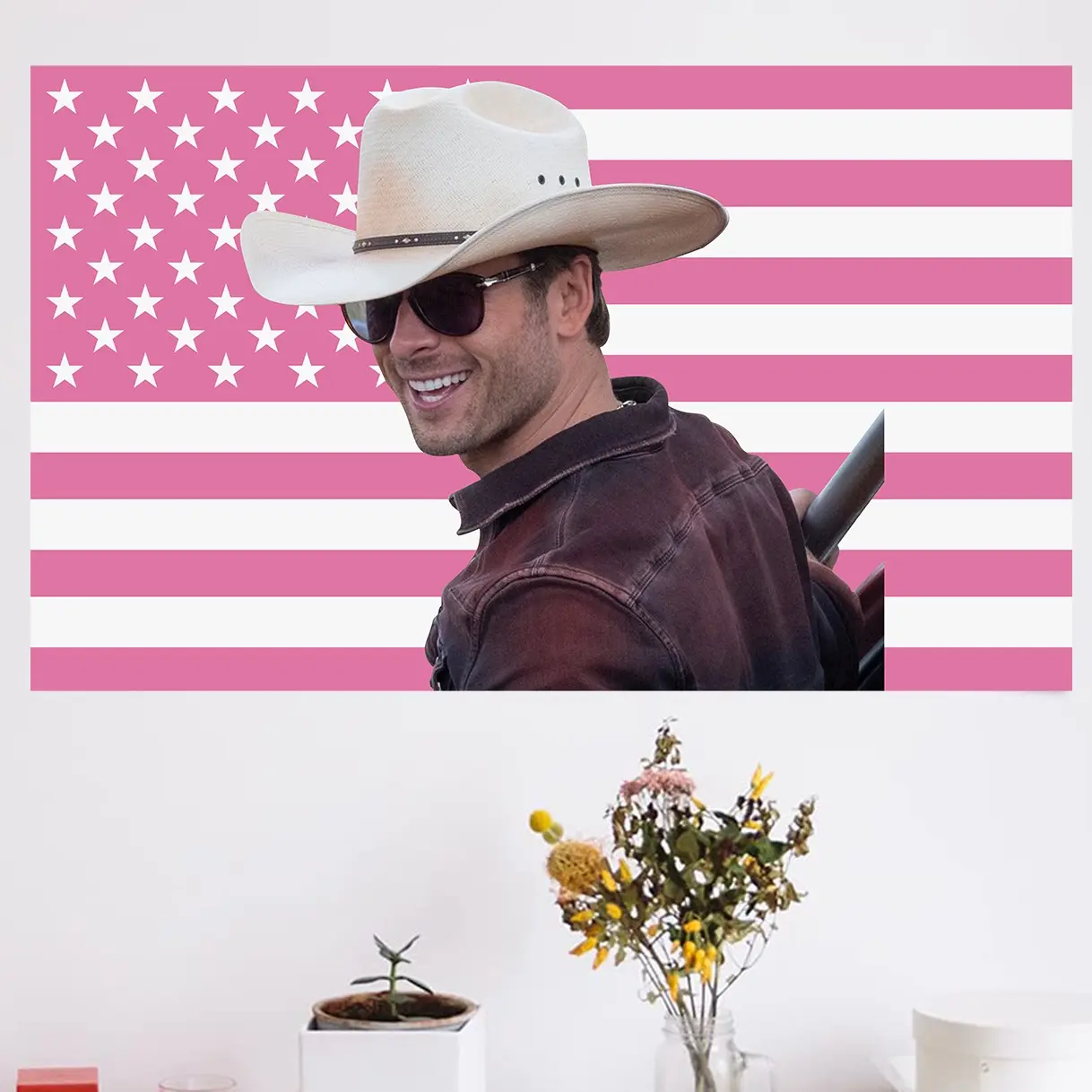 Glen Powell Pink Printed Cloth Tapestry - 3x5ft "Not My First Tornado" Cowboy Theme Movies Decor, Fan Gift for Glen Powell & His Dog, Bedroom Room Decoration Home Supplies Hanging Accessory, b1