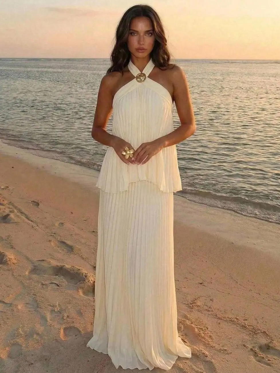Women's Pleated Maxi Dress, Elegant Halter A-Line Goddess Dress, Tropical Beach Vacation, Graduation & Birthday Party Outfit