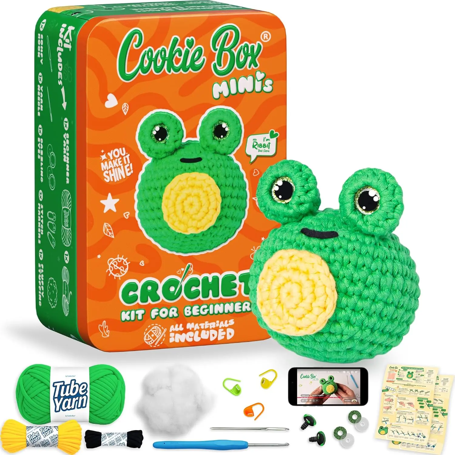 Cookie Box Crochet Kit for Beginners, Frog Mr. Ribbit | All Materials Included, Printed Guides, Step-by-Step Video Tutorials, Easy DIY Craft, Amigurumi and Knitting Gift Set