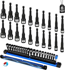 22-Piece Magnetic Nut Driver Set, Metric & SAE (5-13mm & 1/4"-9/16"), 65mm Long, 1/4" Hex Shank Drill Socket Set, Wing Nut-Driver Bit, Quick-change Extension, Magnetic Aluminum Storage Rail
