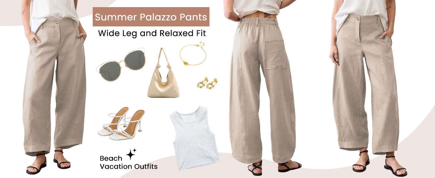 UANEO Womens Linen Pants Casual Capri Baggy Wide Leg Trousers Palazzo Pants Beach Vacation Outfits