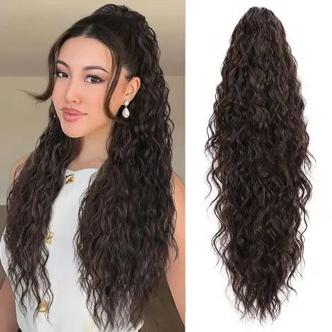 TOPHR Female 30-Inch Fluffy Natural-Looking Secure Clips Hairpiece, Black Brown Long Beach Curly Heat Resistant Synthetic Clip-In Claw Ponytail, Washable for Daily Ponytail Hairstyles