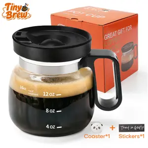 TINY BREW Coffee Mug with Lid 16oz Glass Creative Cup, Coffee Lovers' Top Choice, Dimensions: 4.9 inches tall, 3.8 inches wide, Includes Coaster, Ergonomic Handle Design, Mother’s Day Gift, a little surprise for your loved one
