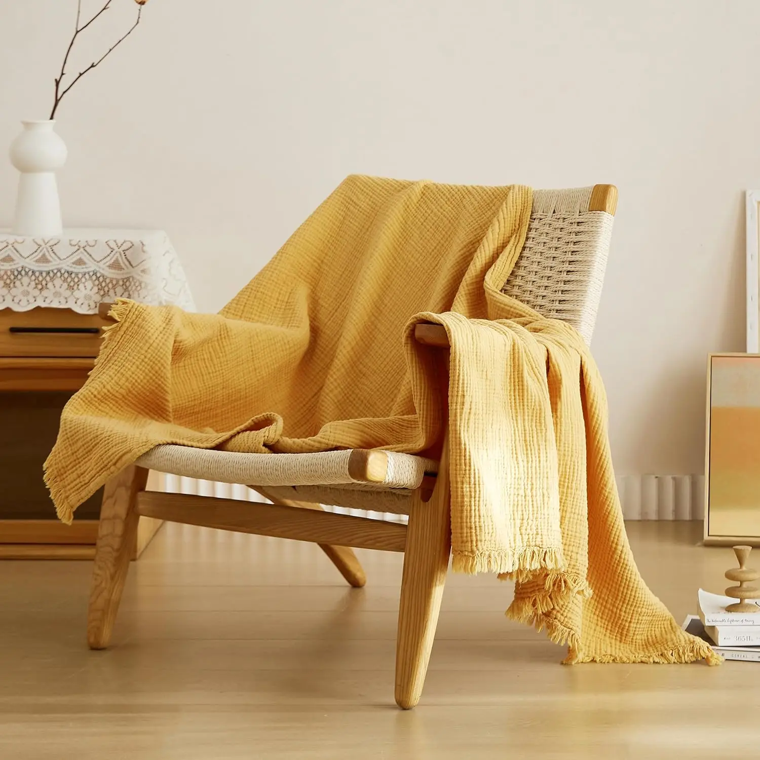 Cotton Muslin Throw Blanket 4 Layers for Bed, Couch, Woven Gauze Blanket with Tassels, Soft Lightweight Cozy Pre-Washed Breathable Farmhouse Decoration for All-Season(Yellow)