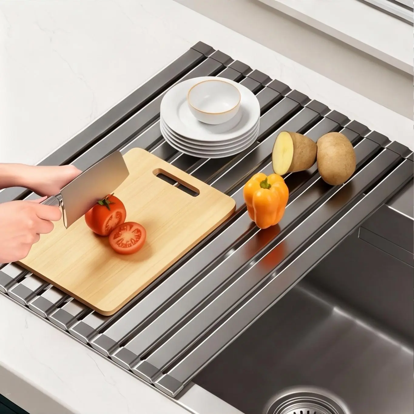 Space Aluminum Roll-Up Over-Sink Dish Drying Rack, Heavy-Duty Foldable Efficient Draining Kitchen Drain Mat, Heat-Resistant Multifunctional Sink Trivet For Vegetable Prep & Cookware Storage