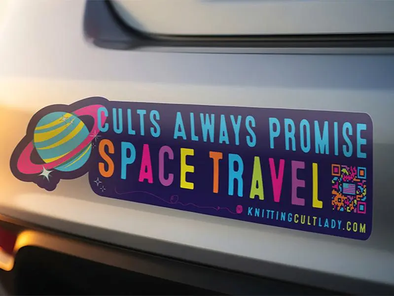 KnittingCultLady "Cults Always Promise Space Travel" Vinyl Bumper Sticker 5 Pack Premium Matte Durable Weatherproof Scratch Resistant 3.5" x 11"