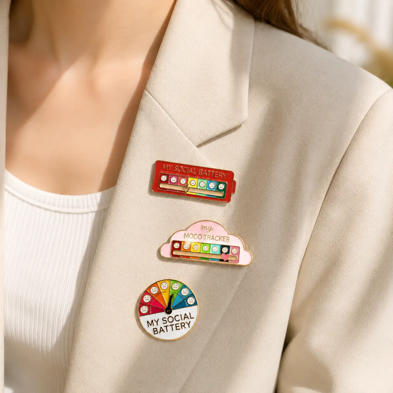 Electroplated Enamel Lapel Pins - Women's Social Battery Cloud Face Brooch Pins, Sparkling Colorful Zinc Alloy Clothes Accessory, Lightweight Casual Collar Clip for Daily Wear, Ideal Gift, Expressive Charm, Positive Vibe, Playful Vibe, Metal Mood Tracker,