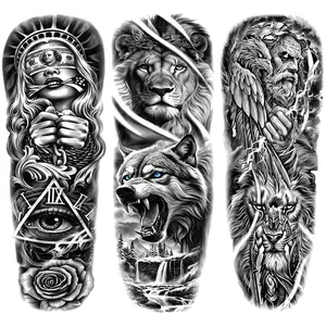Waterproof Full Arm Temporary Tattoo Sleeves, Realistic Wolf Lion Skull Design, Suitable for Men and Women, Long-Lasting Low Allergy