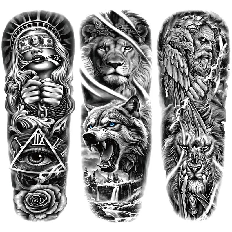 Waterproof Full Arm Temporary Tattoo Sleeves, Fake Tattoos, Realistic Wolf Lion Skull Design, Suitable for Men and Women, Long-Lasting Low Allergy